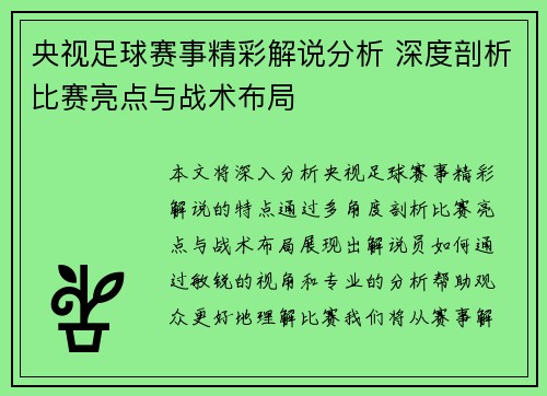 央视足球赛事精彩解说分析 深度剖析比赛亮点与战术布局