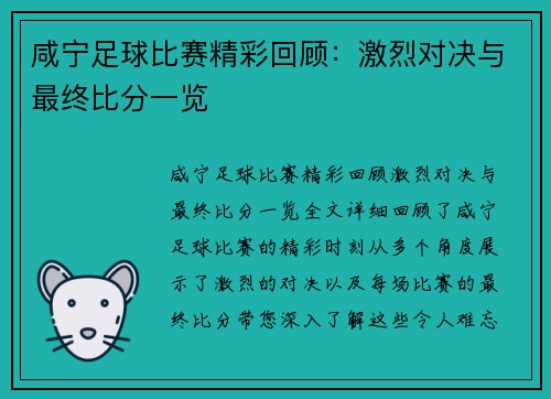 咸宁足球比赛精彩回顾：激烈对决与最终比分一览